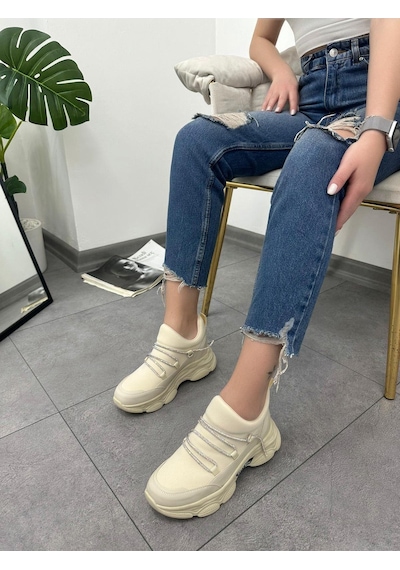 Erva'nın Butiği Bej Dore Kadın Gizli Topuklu Bağcıklı Sneakers-5263