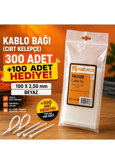 100x2,50mm Kablo Bağı Cırt Kelepçe Beyaz 300 Adet +100 Adet Hediye 100x2.50mm
