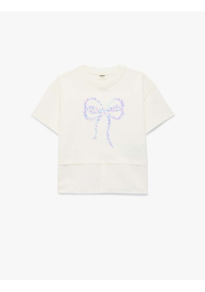 Koton Pullu Payetli Fiyonk Baskılı Ekru Kız Çocuk T-shirt 6skg10060ak Ekru