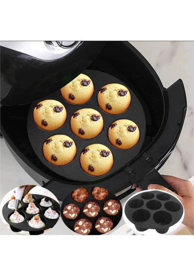 Airfryer Silikon Muffin Kek Kalıbı 7 Gözlü Kek Ve Çörek Pişirme Kabı Dondurma Kalıbı Siyah Silikon S Diğer