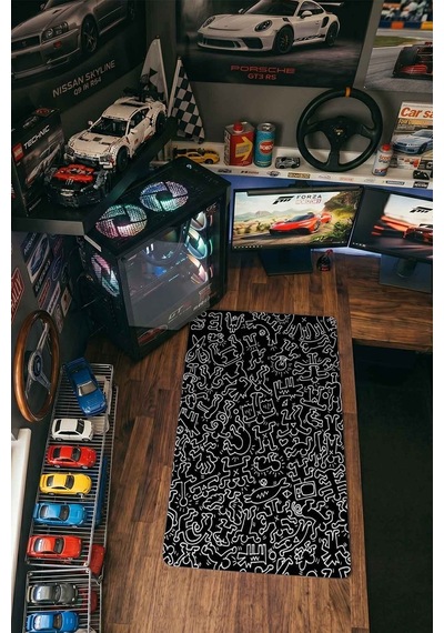 Siyah Beyaz Doodle Figürler 40x90 Cm Oyuncu Mousepad Kaymaz Taban Büyük Boy Mousepad