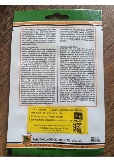Paşa Tohumculuk Biber Tohumu Mazamort Üçburun 5 Gr