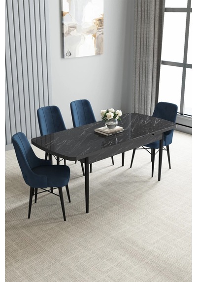 Zümra Serisi, Siyah Mermer Desen 80x132 Açılabilir Mdf Mutfak Masası Takımı 4 Adet Sandalye, Lacivert Zümra Serisi, Siyah Mermer Desen 80x132 Açılabilir Mdf Mutfak Masası Takımı 4 Adet Sandalye, Lacivert