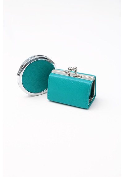 Prava Deri Roma Hakiki Deri Ayna Ve Bozuk Para Seti Turkuaz