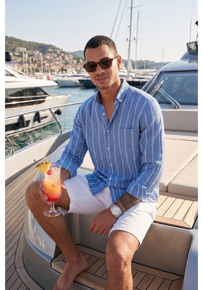 Buratti Pamuklu Çizgili Regular Fit Düğmeli Yaka Erkek Gömlek Cf21S112480 Saks-Beyaz