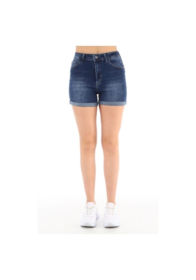 Cedy Denim Kadın Yüksek Bel Duble Paça Kot Şort Klasik Mini Jean Şort C604 Lacivert