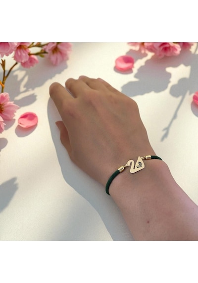Archin Kedi Temalı Kuğu Kuşu Figürlü 14 Ayar Altın Plakalı Yeşil Örgülü Hediye Bileklik-607sembol Kedi