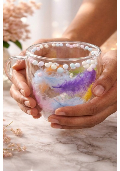 Makri Home Boncuklu Tüylü Çift Cidarlı Cam Kupa, 350 Ml, 11 Cm X 8 Cm Çok Renkli