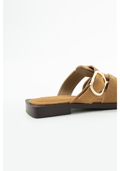 Duxal Shoes Lena Kadın Süet Gold Tokalı Kafes Tasarım Küt Burun Terlik Camel