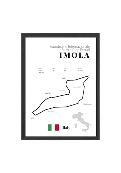 Imola Formula 1 Siyah Ahşap Çerçeveli Poster, Dekoratif Harita Duvar Tablosu