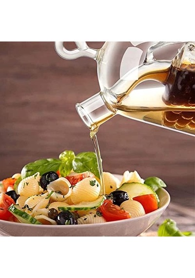 2&apos Si 1 Arada Cam Yağlık Ve Sirkelik - İç İçe Geçmeli Çift Hazneli Dekoratif Sosluk - Mantar Kapaklı Zeytinyağı Ve Sirke Şişesi 240ml + 60ml Acı Kahverengi