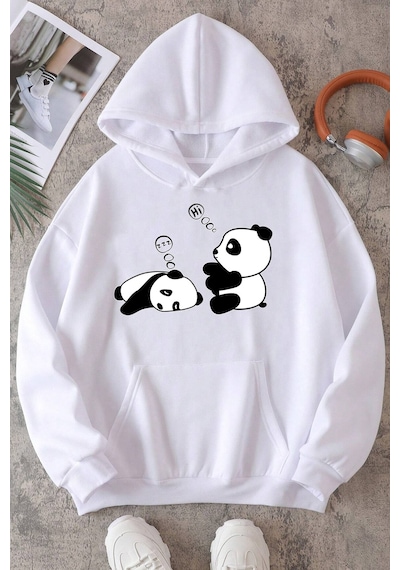 Unisex Panda Baskılı Oversize Sweatshirt Beyaz