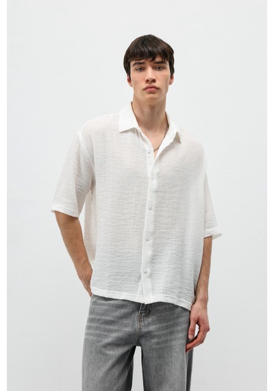 Vamos Oversize Desenli Kısa Kollu Gömlek Ekru