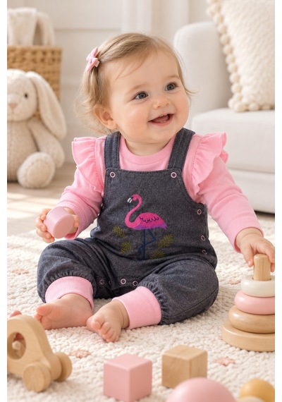 Babyhola Bayramlık Kız Bebek Çocuk Flamingo Bayramlık Salopet Badi Takım 23388 Pembe