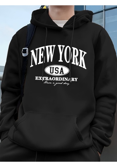 Startmore Startmorenew York Abd Kelimeler Baskılı Erkek Sweatshirtleri Kışlık Oversize Kapüşonlu Üstler Spor Cep Siyah