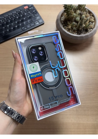 Apple Uyumlu iPhone 15 Pro Standlı Ve Yüzüklü Magsafe Kılıf Soocase721 Gri