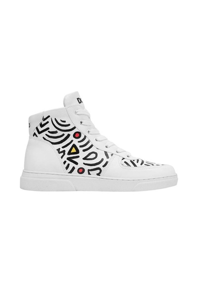 Kadın Vegan Deri Beyaz High Sneakers - Abstract Outline White Tasarım Çok Renkli