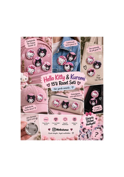 Minikutunuz Hello Kitty Kuromi 15 Li Rozet Seti 44 Mm Kawaii Anime Çanta Yaka İğneli Rozet Diğer