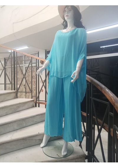 Bohem Stil İtalyan Yarasa Kol İpek Bluz & Pantolon Takım-8767 Turkuaz