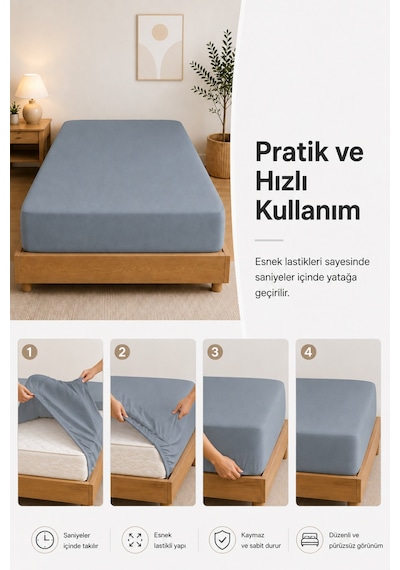 %100 Pamuk Penye Lastikli Çarşaf - Çift Kişilik Gri