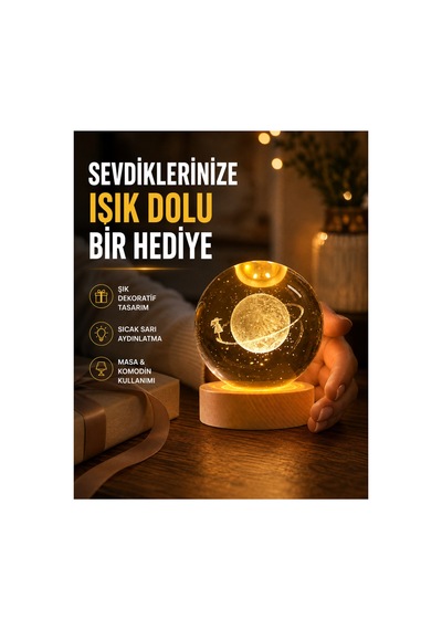 Astraltech Ahşap Standlı Sarı Işıklı Dekoratif Küre Kız Figürü Tasarım