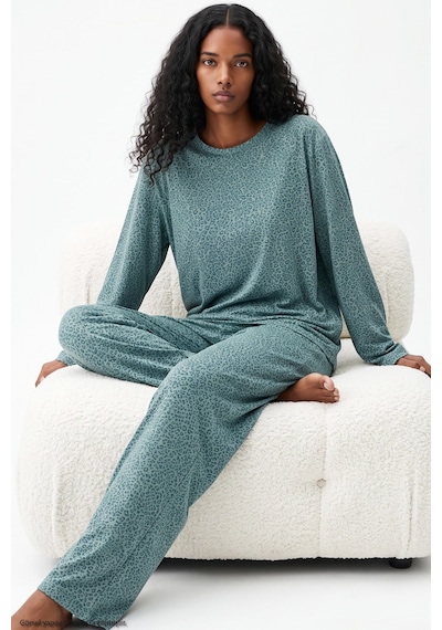 Siyah İnci Leopar Baskılı Örme Pijama Takım 8078 Yeşil Leopar