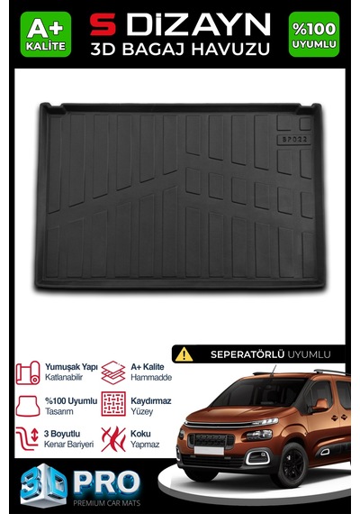 S-dizayn Citroen Berlingo Seperatörlü 3d Pro Bagaj Havuzu 2019 Üzeri A+ Kalite