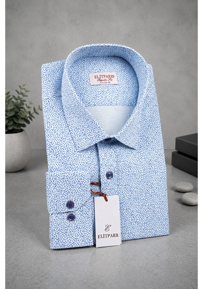 Elitpark River Stones Cepsiz Mavi Desenli Regular Fit Uzun Kollu Pamuklu Premium Erkek Gömlek