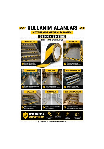 Kaydırmaz Güvenlik Bandı 25 Mm X 5 Metre Sarı Siyah Güçlü Yapışkanlı Merdiven Rampa Zemin Kaydırmaz
