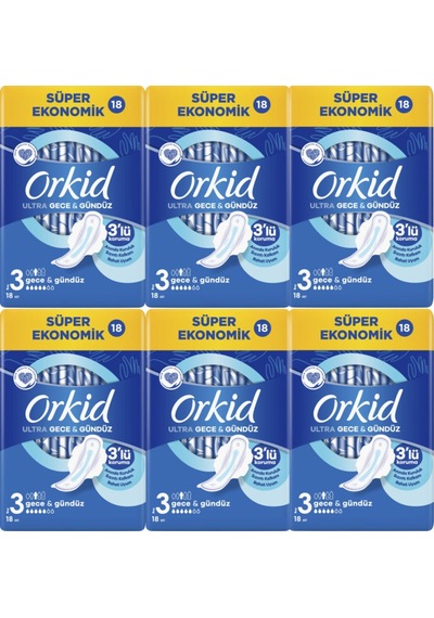 Orkid Ultra Hijyenik Ped 3 Numara Gece&Gündüz 18'Li 6 Adet
