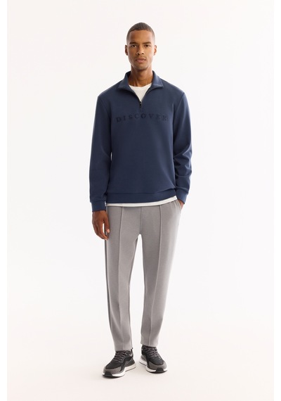 Avva Erkek Açık Lacivert Dik Yaka Fermuarlı Soft Touch Baskılı Regular Fit Sweatshirt A52y1281