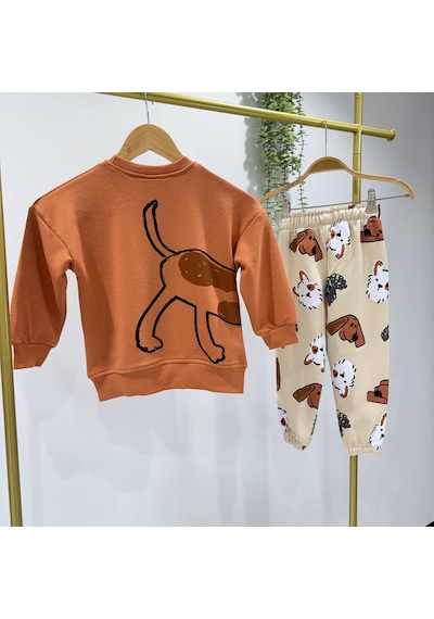 Monila Erkek Çocuk Köpek Baskılı Eşofman Alt Üst Takım Kahverengi