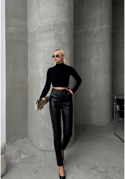 Olcay Deri Görünümlü Dikiş Detaylı Skinny Fit Pantolon Siyah 7562