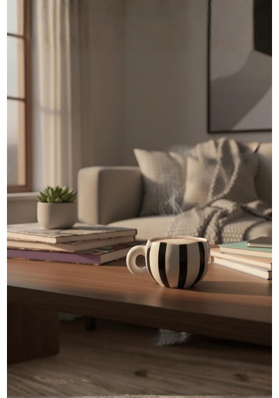 El Yapımı Seramik Siyah Çizgili 400 Ml Çay Kahve Mug Kupası Mıt1322 Beyaz - Çok Renkli