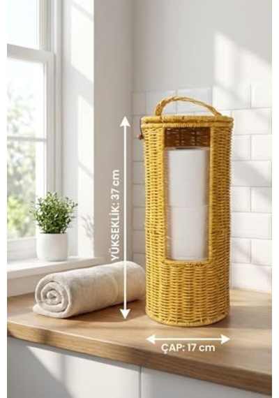 Hasır Görünümlü Plastik Rattan Tuvalet Kağıdı Standı, Askılı Kapaklı Wc Kağıtlık, Yedekli Banyo Organizer, 37x17 Cm 000 Açık Krem