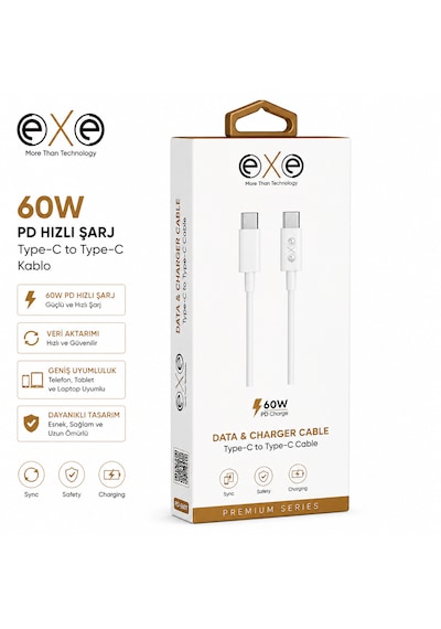 Exe 60w Pd Type-c To Type-c Hızlı Şarj Ve Data Kablosu 0
