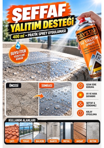 3 Lü Su Geçirmez Yalıtım Ve Tamir Seti 45 Mm 8 M Siyah Beyaz Bant + 400 Ml Daystar Şeffaf Su Yalıt