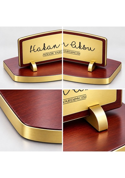 Bk Gift Kişiye Özel Ahşap Masa İsimliği Gold Plakalı Bk27 -1 Çok Renkli