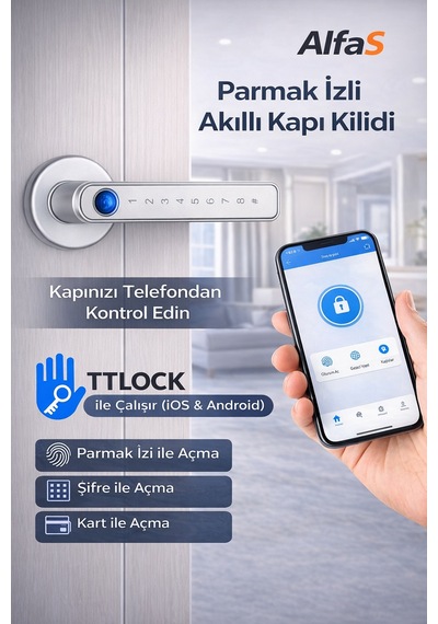 Şifreli Kartlı Telefondan Kontrol Pvc Alüminyum Ahşap Uyumlu Parmak İzli Akıllı Kapı Kolu Gümüş