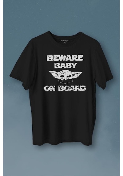 Baby Yoda Star Wars Mandalorian Beware Baby On Board Baskılı Tişört Unisex T-shirt 001