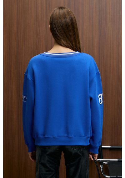 Grımelange Dıvıne Kadın V Yakalı Nakış Ve Patch Detaylı Mavi Sweatshirt Mavi