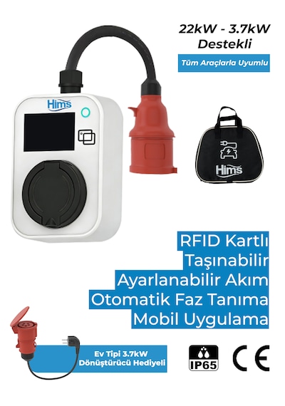Hims 22kw Kilitli Soketli Beyaz Taşınabilir Araç Şarj İstasyonu Hcts-22-b