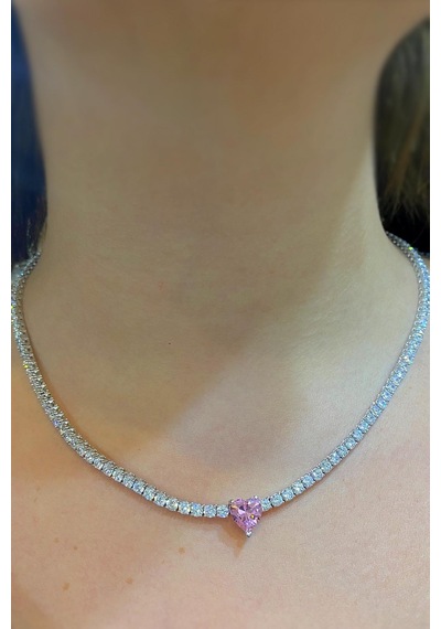 Gümüş Pembe Kalp Taşlı 3 Mm Su Yolu Kolye Altın - Gümüş