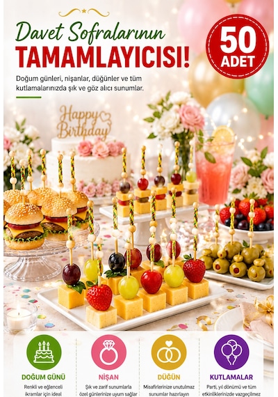 50 Adet Dekoratif Sarı Örgülü Bambu Kürdan 12 Cm Parti Davet Kokteyl Meyve Sunum Kürdanı Seti Paket