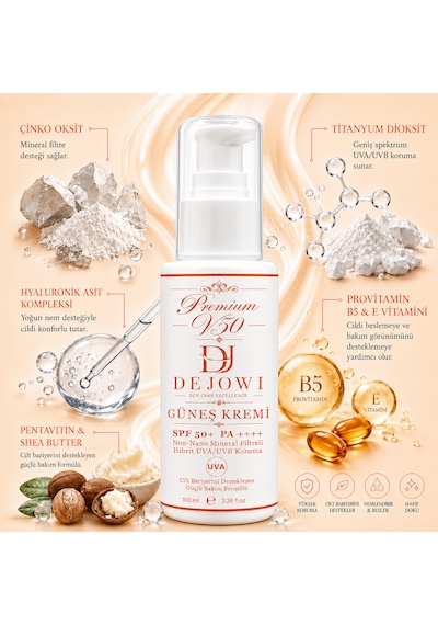 Dejowi V50 Premium Mineral Filtre Destekli Hibrit Uva/uvb Koruma Spf 50+ Pa++++ Güneş Kremi 100ml