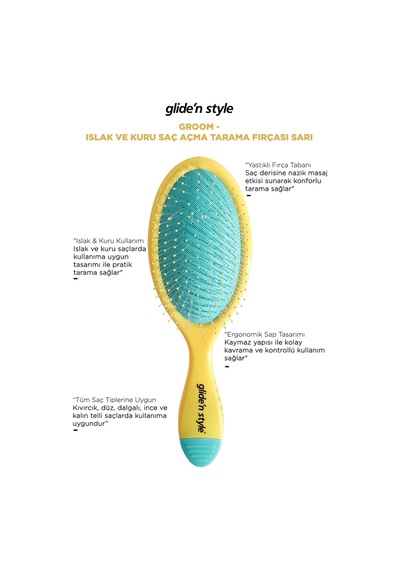 Glide'n Style Groom Islak ve Kuru Saç Açma Tarama Fırçası Sarı GS-240