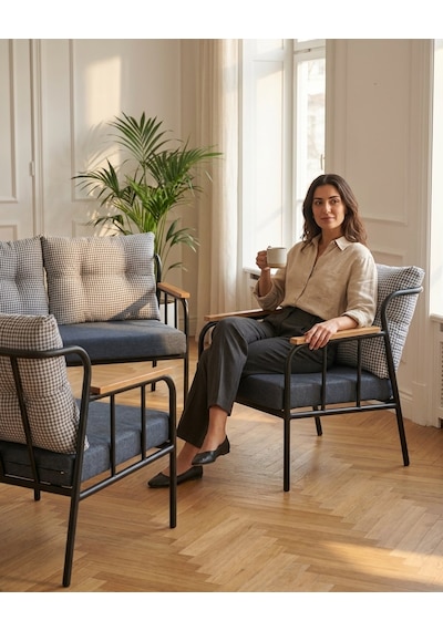 Paris 2+1+1 Metal Balkon Takımı Keten Dokulu Kumaş Siyah Metal - Bahçe Teras Oturma Grubu