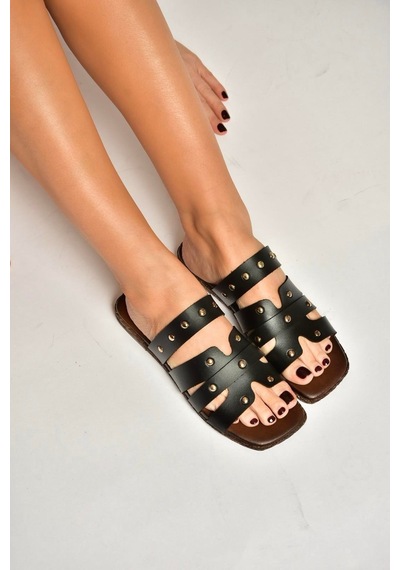 Fox Shoes Y390755203 Siyah Hakiki Deri Kadın Terlik Siyah