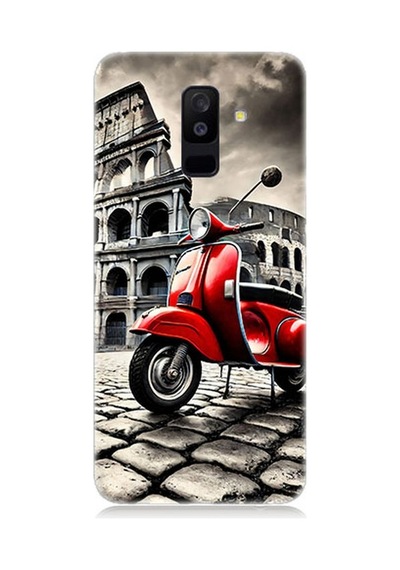 Samsung Galaxy A6 Plus Uyumlu Kırmızı Vespa Roma Sokakları Desenli Silikon Kılıf Çok Renkli