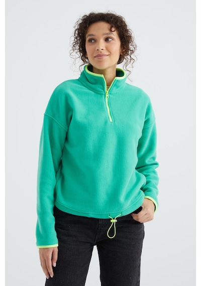 Tommy Life Deniz Yeşili Yarım Fermuar Etek Ucu Büzgülü Dik Yaka Oversize Kadın Polar Sweatshirt - 97234 Yeşil